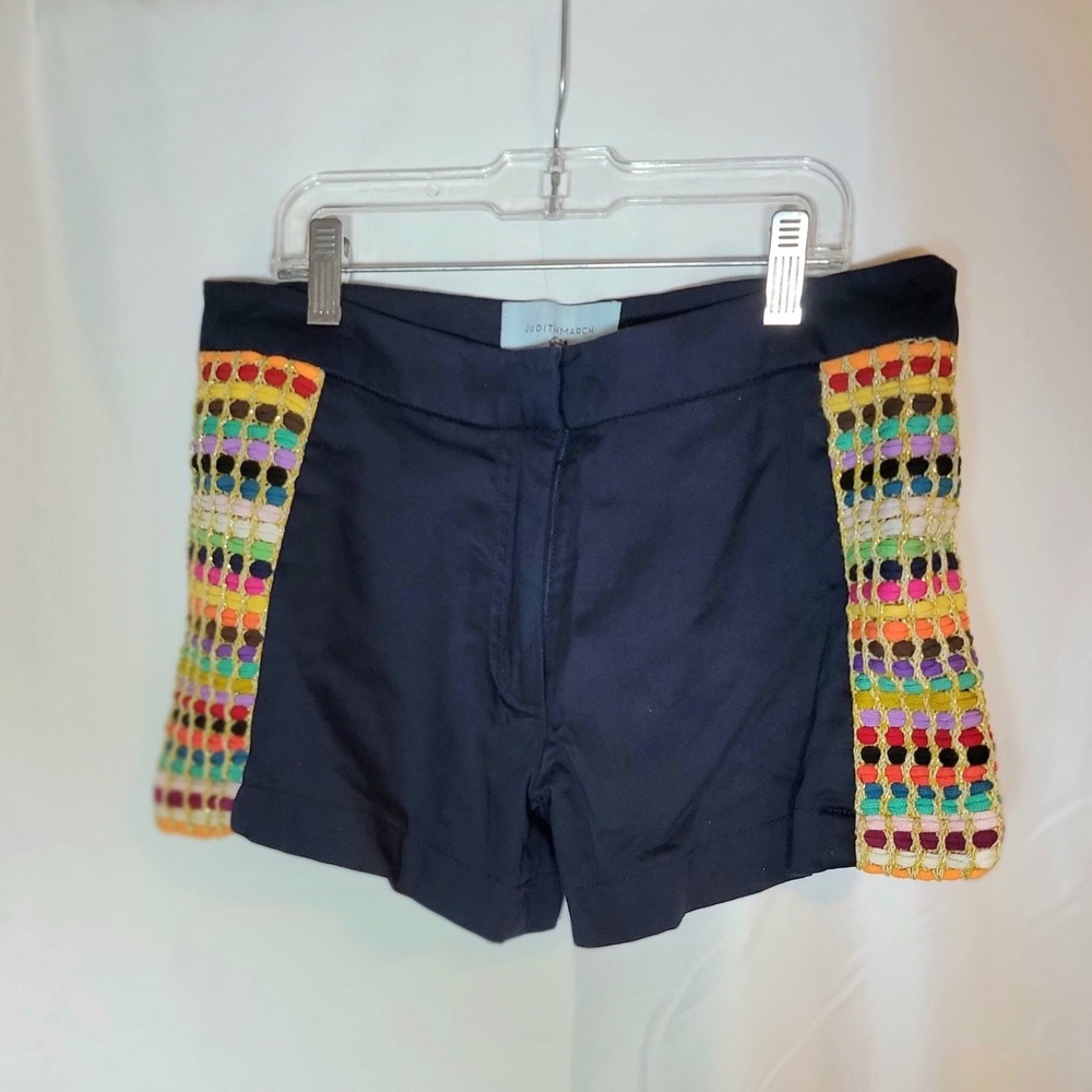 Judith March Navy Blue Shorts with Colorful Woven Side Panels‎ Small